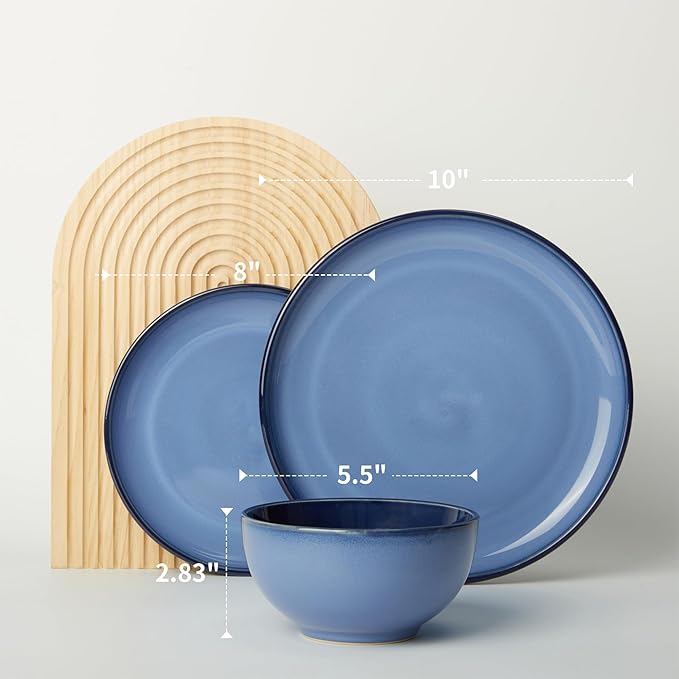Pokini Stoneware Dinnerware Sets, Ceramic Plates and Bowls Set, Microwave & Dishwasher Safe Kitchen Dish Set, Modern Dinner Plates | Salad Plate | Cereal Bowls for 4, Dishware Sets Blue