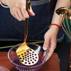 Gold Potato Masher, Berglander Heavy Duty Metal Potato Ricer Stainless Steel With Titanium Gold Plating, Food Utensil Hand, Vegetables Fruits Mashe, Dishwasher Safe, Easy to Clean