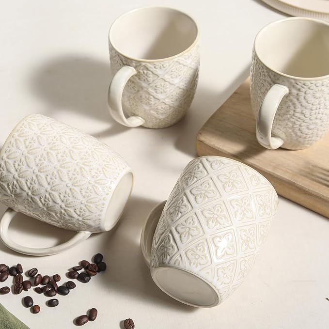 Coffee Mugs Set of 4, 16 Oz Ceramic Coffee Mugs, Large Porcelain Embossed Cups for Cocoa, Tea, Milk, Mocha, Cappuccino, Microwave & Dishwasher Safe, Comfort Handle, 3.5 x 4.5 inch