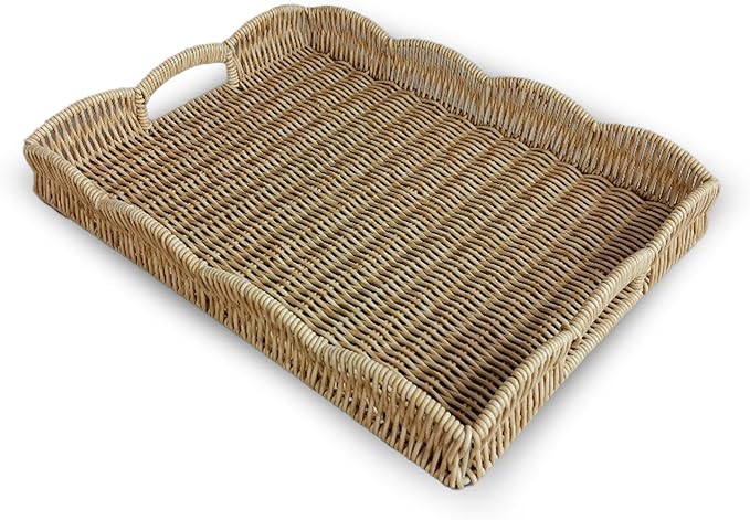 Serving Tray with Scalloped Edge, Rectangular Wicker Tray with Handles, Ideal for Breakfast or Meals in Bed and on Sofa, Decorative Coffee Table Tray to Enhance Dining (Beige)
