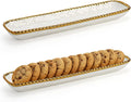 SOUJOY 2 Pack Porcelain Cracker Tray with Gold Pearl Edge, 14 Inch Rectangular Charcuterie Serving Platters, Dishwasher Safe Ceramic Cookie Plates for Cheese Ham Fruit, Perfect for Display Foods