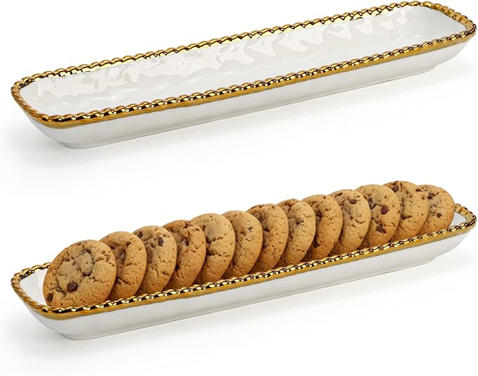 SOUJOY 2 Pack Porcelain Cracker Tray with Gold Pearl Edge, 14 Inch Rectangular Charcuterie Serving Platters, Dishwasher Safe Ceramic Cookie Plates for Cheese Ham Fruit, Perfect for Display Foods