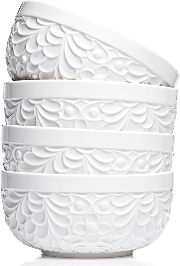 25DOL 22 oz Ceramic Bowls Set of 4 – Embossed Nature-Inspired Design, Versatile Soup & Cereal Bowls – Ideal for Ramen, Pasta, Oatmeal & Salads – Microwave & Dishwasher Safe