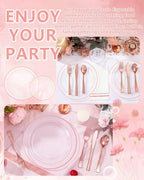 GATHER 700PCS Rose Gold Plastic Plates - Clear Rose Gold Rim Disposable Dinnerware Set Includes 200 Plates, 300 Silverware, 100 Napkins, 100 Cups for Party & Wedding & Mother's Day
