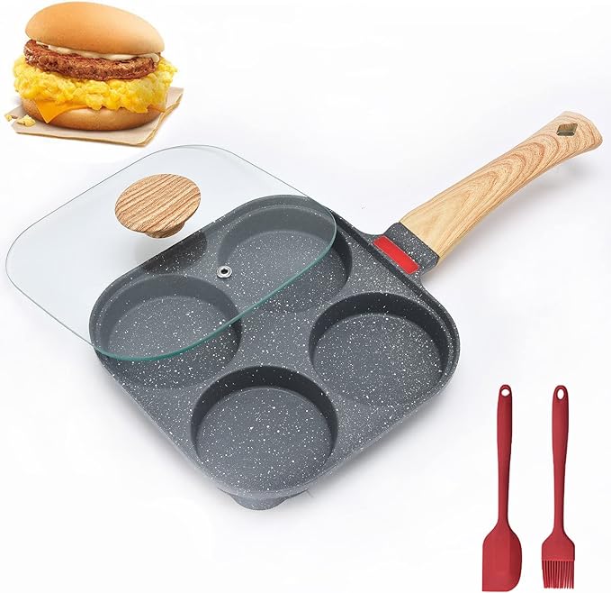 4-Cup Aluminum Nonstick Egg Pan with Lid, Suitable for Gas Stove & Induction Cookware