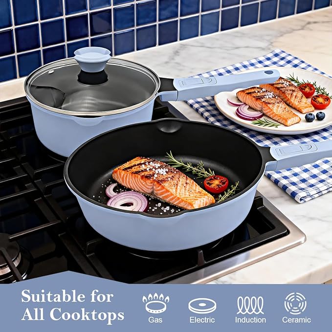 10 Inch Deep Frying Pan Skillet Nonstick with Lid, 4 QT Non Stick Saute Pan, Non Toxic Cookware, Induction Compatible, Detachable Handle, Oven Safe, PTFE & PFAS-Free, Blue