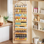 8-Tier Spice Rack Wall Mount, Heavy-Duty Over the Door Pantry Organizer with Wooden Adjustable Basket, 2 IN 1 Wall Mount or Hanging Pantry Door Organizer, Door Spice Rack for Home, White