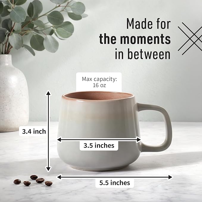 Ava Nord Large Ceramic Coffee Mugs Set of 4 | 16 oz Stoneware Coffee Cups | Lead-Free, Non-Toxic | Microwave and Dishwasher Safe | Comfortable Handle | Nordic Design for Tea, Cocoa, Latte | Sage Ash