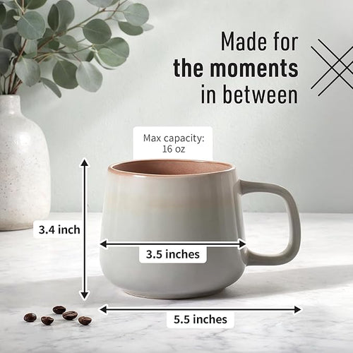 Ava Nord Large Ceramic Coffee Mugs Set of 4 | 16 oz Stoneware Coffee Cups | Lead-Free, Non-Toxic | Microwave and Dishwasher Safe | Comfortable Handle | Nordic Design for Tea, Cocoa, Latte | Sage Ash
