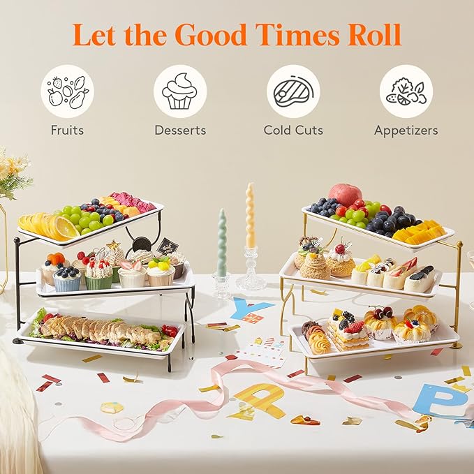 Lifewit 3 Tier Serving Tray, 36 x 17 cm/14 x 6.5 White Plastic Tiered Food Serving Platters, Rotating Tiered Tray Stand for Party with Black Collapsible Metal Stand, Dessert Table Stands for Cookies