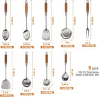 9 PCS 304 Stainless Steel Kitchen Cooking Utensils set with Wooden Handle, Metal Kitchen Utensils Set, Large Heat Resistant Wooden Handle Kitchen Tools, Stainless Steel Wok Spatula