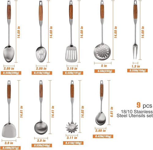 9 PCS 304 Stainless Steel Kitchen Cooking Utensils set with Wooden Handle, Metal Kitchen Utensils Set, Large Heat Resistant Wooden Handle Kitchen Tools, Stainless Steel Wok Spatula