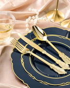 realluck 350 Piece Navy Blue Plastic Dinnerware Set for 50 Guests Elegant Baroque Disposable Dinnerware for Weddings, Parties, 100 Plastic Plates, 50 Pre Rolled Napkins with Silverware, 50 Cups