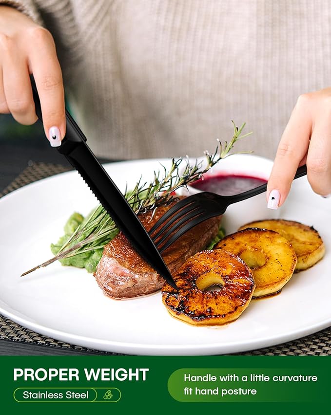 24-Piece Black Silverware Set with Steak Knives Food-Grade Stainless Steel Flatware Set for 4 Mirror Cutlery Dishwasher Safe Utensil Sets for Home Restaurant