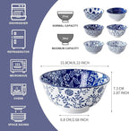 Ceramic Soup Bowls Set - 24 Oz Deep Cereal Bowl for Kitchen - 6 Inch Large Porcelain Dinner Bowl Eating Salad Pasta Dessert Oatmeal - Microwave Dishwasher Safe - Set of 6 - Vintage Blue