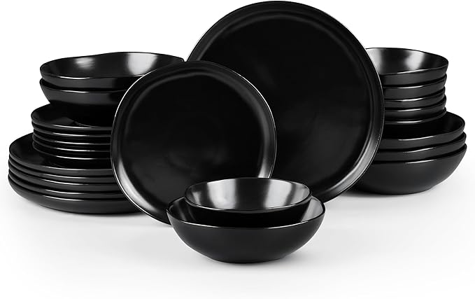 HaWare Plates and Bowls Set, Stoneware Dinnerware Sets, 24-Piece Hand-painted Dishware for 6, Ceramic Dish Set for Home Kitchen, Scratch Resistant, Microwave and Dishwasher Safe, Matte Black