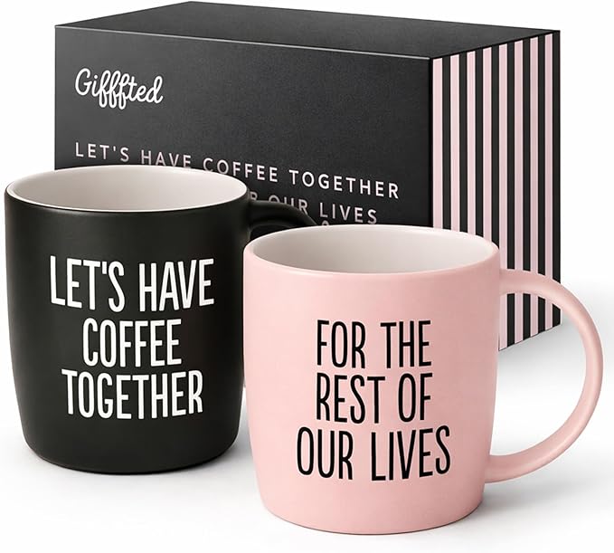 Triple Gifffted Let's Have Coffee Together Coffee Mug Set, Engagement Wedding Gifts for Couple, Bride and Groom Newlywed Bridal Shower, His and Hers, Mr and Mrs, Christmas, Valentine’s, Ceramic 380ML