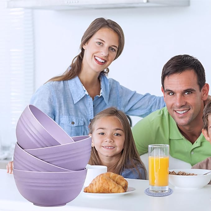 Unbreakable Wheat Straw Cereal Bowls Set of 4, 24 OZ Microwave and Dishwasher Safe Lightweight Soup and Salad Bowl Sets, Reusable Dessert Bowls for Rice, Pasta, Snack, Fruit, BPA Free (Purple)