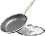 Honeycomb Stainless Steel Nonstick Frying Pan with Lid 10 Inch, Induction Cooktop Compatible Skillet, PFOA-Free Scratch-Proof, Dishwasher & Oven Safe, Stay-Cool Handle, Gold Kitchen Cookware