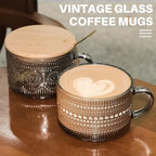 Vintage Glass Coffee Mugs, 14 Oz Set of 2 Embossed Glassware Tea Cups for Breakfast, Dessert, Cappuccino, Latte, Cereal, Yogurt, Beverage Gift