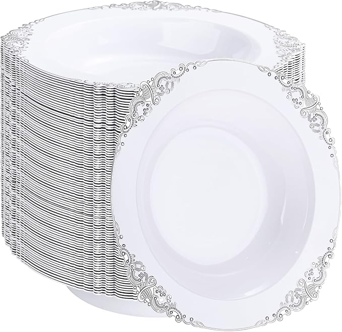 100PCS Silver Plastic Bowls - 12 oz Silver Disposable Salad Bowls - Heavy Duty Disposable Soup Bowl - Fancy Plastic Ice Cream Bowl for Weddings Parties Dinners Picnics