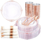 Nervure 350PCS Rose Gold Plastic Plates - Rose Gold Plastic Dinnerware Sets for 50 Guests - 100 Disposable Plates, 150 Silverware, 50 Cups, 50 Napkins Perfect for Wedding & Party & Easter