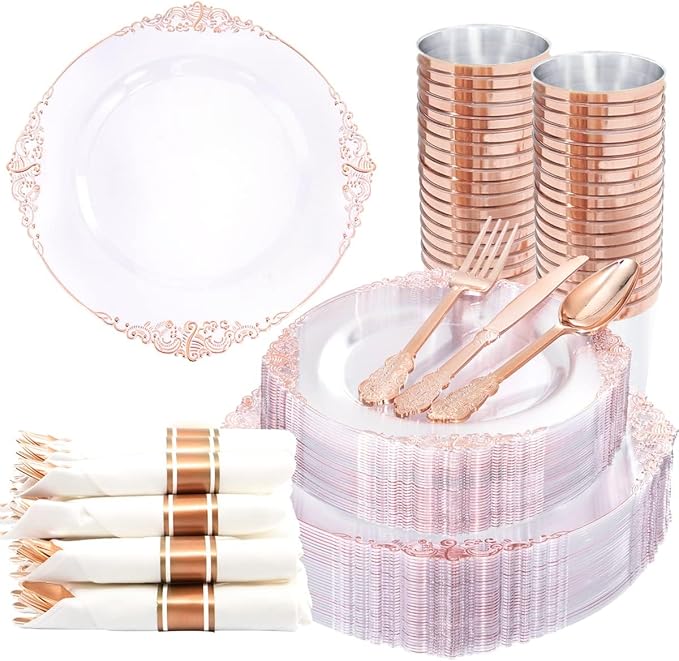 Nervure 350PCS Rose Gold Plastic Plates - Rose Gold Plastic Dinnerware Sets for 50 Guests - 100 Disposable Plates, 150 Silverware, 50 Cups, 50 Napkins Perfect for Wedding & Party & Easter