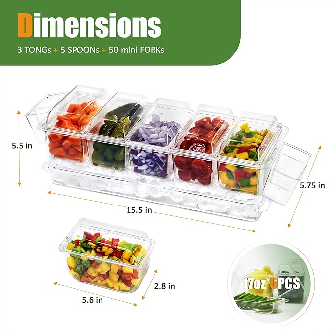 IVYHOME Chilled Condiment Server, Taco Bar Serving Set, Versatile Ice Containers, with 5 Lidded Containers and Detachable Ice Storage Layer, 2 Hanging Cups for Storing Tong and Forks