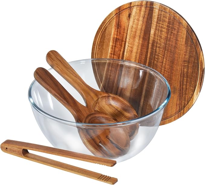 Anyvape Glass Salad Bowl Set, Extra Large 4.8QT Serving Bowl with Acacia Wood Lid & Utensils – Heavy-Duty Glass Bowl for Salad, Mixing, Parties & Charcuterie