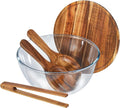 Anyvape Glass Salad Bowl Set, Extra Large 4.8QT Serving Bowl with Acacia Wood Lid & Utensils – Heavy-Duty Glass Bowl for Salad, Mixing, Parties & Charcuterie
