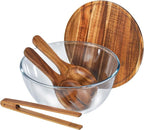 Anyvape Glass Salad Bowl Set, Extra Large 4.8QT Serving Bowl with Acacia Wood Lid & Utensils – Heavy-Duty Glass Bowl for Salad, Mixing, Parties & Charcuterie