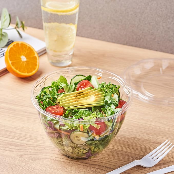Jaluxing [48 oz. 150 Sets Clear Plastic Salad Bowls with Airtight Lids Disposable To Go Mixing Containers Serving for Fruit, Quinoa, Lunch and Meal Prep