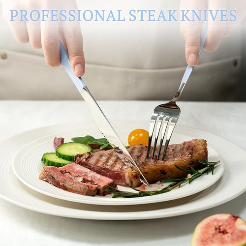 Astercook Silverware Set with Steak Knives 24-Piece Flatware Set for 4 Food-Grade Stainless Steel Blue Cutlery Set Mirror Polished Utensils Set Include Spoons and Forks for Home Kitchen Restaurant