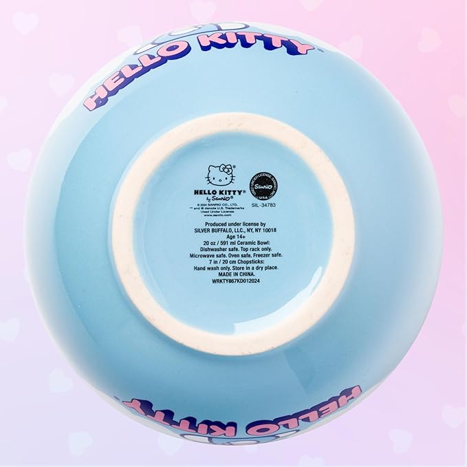 Silver Buffalo Hello Kitty Rainbow and Clouds Ceramic Ramen Noodle Rice Bowl with Chopsticks, Microwave Safe, 20 Ounces
