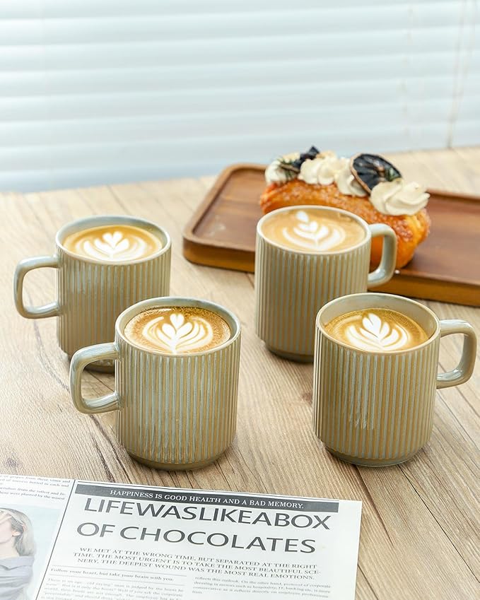 Coffee Mugs Set of 4, Ceramic Ribbed Tea Coffee Cups with Handle, Large Porcelain Mug for Americano, Latte, Cappuccino, Hot Chocolate, Grey