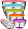 Wildone Mixing Bowls with Airtight Lids Set, 5PCS Stainless Steel Nesting Bowls for Kitchen, with Grater Attachments & Non-Slip Bottoms, Size 5, 3, 2, 1.5, 0.63 QT, for Baking & Serving (Colorful)