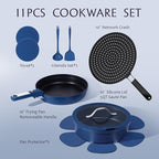 CAROTE 11-Piece Pots and Pans Set, Nonstick Cookware Set Detachable Handle, Frying Pan with Splatter Screen, Oven Safe, Induction Ready, Stackable, Blue