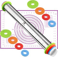 Rolling Pin and Pastry Baking Mat Set, Rolling Pins with Adjustable Thickness Rings, Stainless Steel Dough Roller for Baking Fondant, Pizza, Pie, Pastry, Pasta, Cookies (Purple)