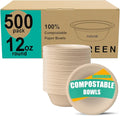 JINVOGREEN 500 Count 12 oz Paper Bowls, Disposable Compostable Bowls Bulk, Heavy Duty Biodegradable Bagasse Bowl for Snacks, Soup, and Salads, Natural