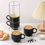Hasense Black Coffee Mug Porcelain Set of 4 with Rack - 12 oz Stackable Coffee Cups Ceramic, Modern Ribbed Latte Cup Sets for Cappuccino, Tea, Espresso, Hot Cocoa, Drinks - Dishwasher & Microwave Safe