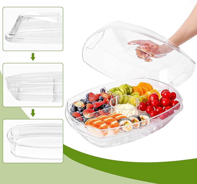 IVYHOME 3-Tier Chilled Serving Tray with Lid, 15" Fruit Ice Serving Platter with 4 Compartments, Shrimp Cocktail Serving Dish, Divided Serving Bowl for Parties