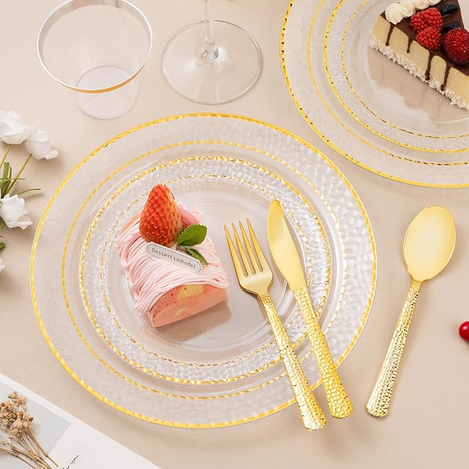 Bestluck 175PCS Clear Plastic Plates with Gold Trim for 25 Guests, Disposable Dinnerware Set for Party & Wedding, Includes 50 Plastic Plates, 25 Pre Rolled Napkins with Gold Silverware, 25 Cups