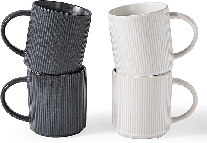 famiware Coffee Mug Set for 4, Star 16 oz Catering Mugs Cup Set with Handle for Coffee, Tea, Cocoa, Milk - Ceramic Stoneware Drinkware Set, Matte White + Matte Black