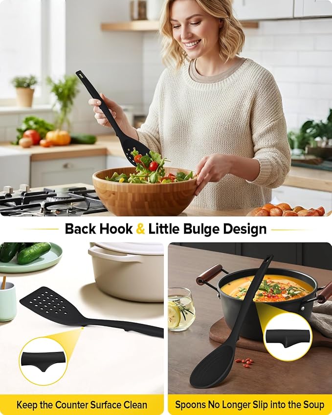 Pack of 4 Silicone Cooking Utensils Set, Non Stick Solid Spatulas and Heat Resistant Slotted Spoons with Back Hooks, Ideal BPA Free Kitchen Utensils Set for Frying,Serving,Turning,Stirring (BLACK)
