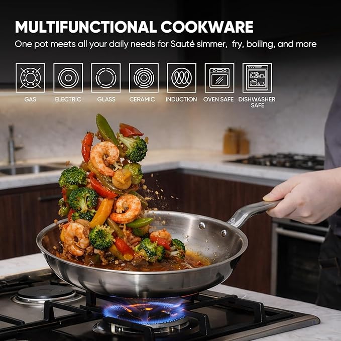 10 Inch Stainless Steel Frying Pan - 5 Ply Stainless Clad Skillet with Aluminum Core, Durable and Even Heating, Professional Cookware for Induction, All Stoves, Oven and Dishwasher Safe