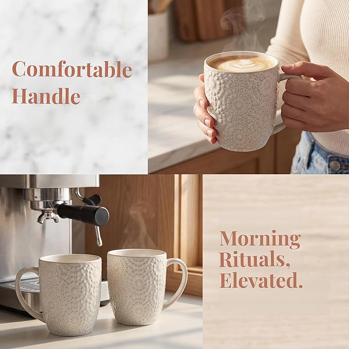 Coffee Mug Set of 4, 16 oz Ceramic Coffee Mugs, Large Embossment Cups, Vintage White Mugs Set for Latte, Cocoa, Hot Tea, Mocha, Housewarming Wedding Gifts, Dishwasher Safe, 3.5 x 4.5 inch