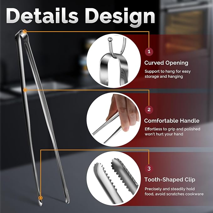 Precision Serrated Non-Slip Tips Cooking Tongs 3 Set (9.5" & 11.5" & 13.5"), 18/8 Stainless Steel Metal Tong, Light but Durable, Easily Control Kitchen Tweezer Tongs for Frying, Plating, BBQ