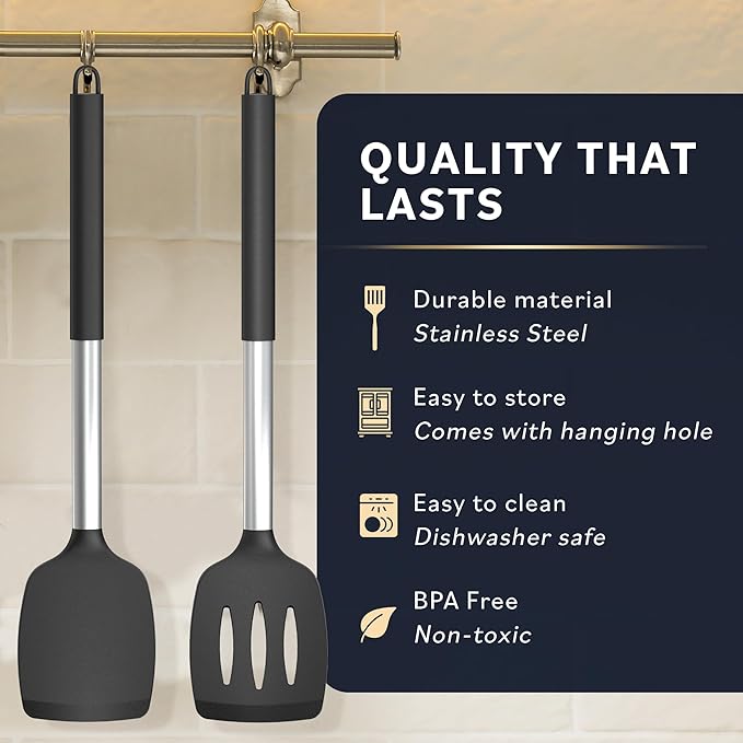 Home Hero Silicone Spatula Set - Heat Resistant Spatulas for Cooking - Ergonomic Stainless Steel Cooking Utensils - Solid & Slotted Silicone Turners - Pack of 2, Black