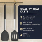 Home Hero Silicone Spatula Set - Heat Resistant Spatulas for Cooking - Ergonomic Stainless Steel Cooking Utensils - Solid & Slotted Silicone Turners - Pack of 2, Black