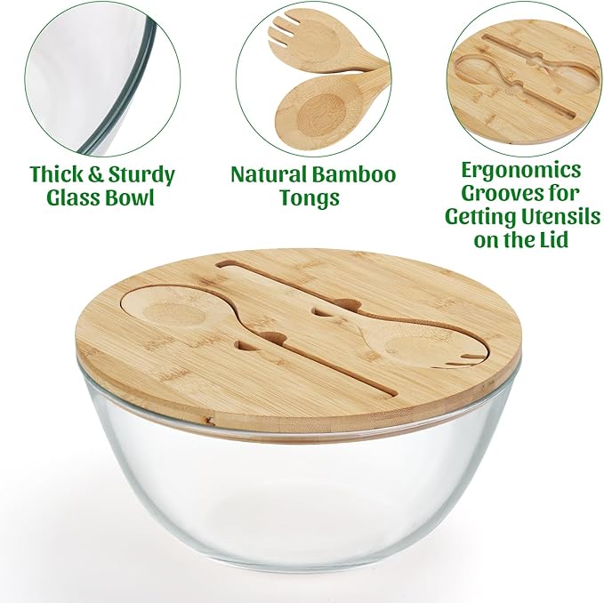 ShineMe Glass Salad Bowl, 4.7 Qt Mixing Bowl with Lid and Built in Utensils, Versatile Trifle Bowl for Serving, Mixing, Preparing, Storing, and Decoration, Large Halloween Candy Bowl